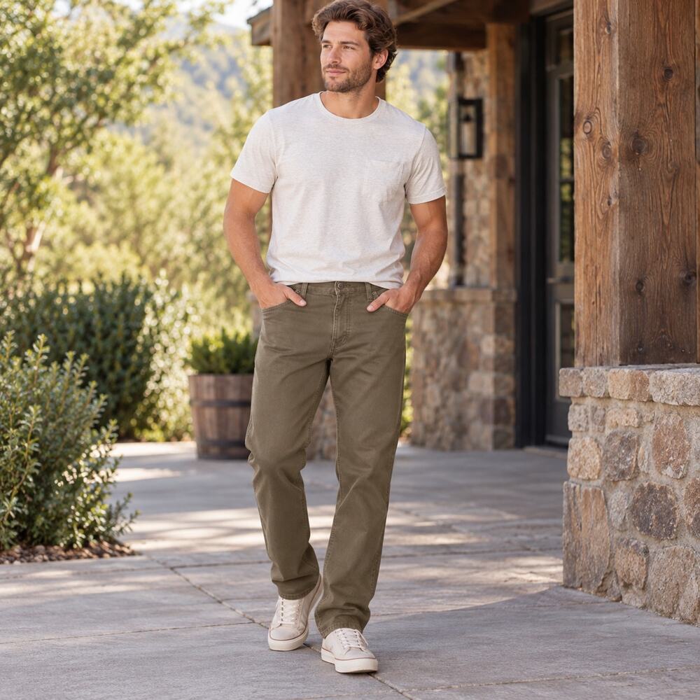 Wrangler Mens 32x30 Straight Fit Brown Khaki Stretch 5 Pocket Pants Cotton Blend